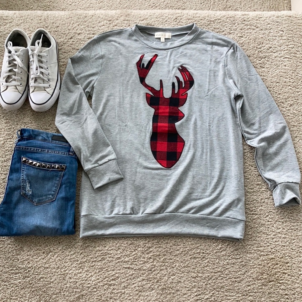 French Terry Long Sleeve Plaid Reindeer Top - Picture 6 of 10
